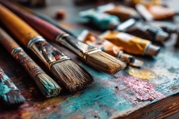 Obraz premium A close-up of paintbrushes and paint tubes on a colorful, stained wooden surface showcasing artistic tools and a vibrant, creative workspace atmosphere.