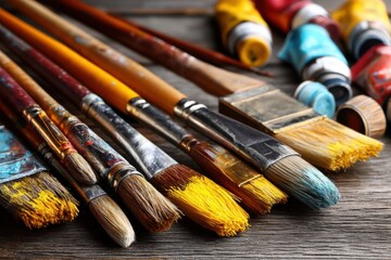 Obraz premium An assortment of artistic paintbrushes, showcasing various sizes and colors, resting on a textured wooden surface alongside colorful tubes of paint, studio tools.