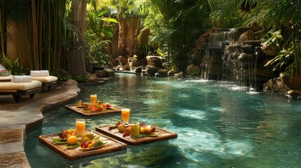 Obraz premium Tropical Oasis with Refreshing Drinks and Fruit Platter Surrounded by Lush Greenery and Serene Waterfall