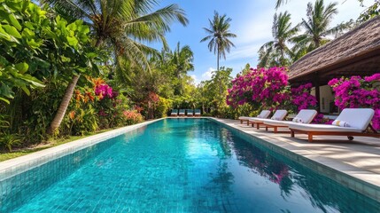 Fototapeta premium Serene Tropical Villa with Pool Surrounded by Lush Greenery and Colorful Flowers in Bright Sunny Day