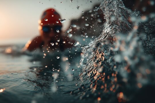 An impressive capture of a swimmer breaking through the water, showcasing athleticism, determination and the raw power of aquatic movement and sport.