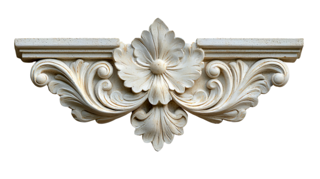 Ornate architectural relief featuring a floral design, showcasing intricate details and craftsmanship.
