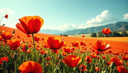 Bold graphic poppy field print, vibrant red and orange, field, floral texture, poppies