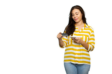 Woman is holding credit card and using smartphone for online shopping