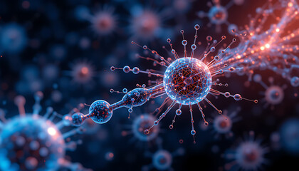 Interconnected Microscopic Structures with Bioluminescent Glow on Dark Backdrop