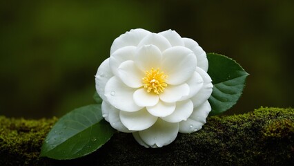 Ethereal White Camellia Blossom Resting Gently on a Bed of Moss, Accented by Lush Green Leaves and Delicate Water Droplets.