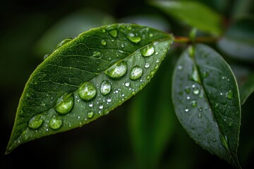 Close-up captures the beauty of water droplets clinging to vibrant green leaves, showcasing the delicate texture and intricate details of nature's artistry after a refreshing rain.