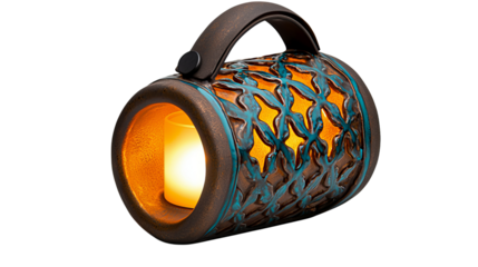 Unique decorative lantern with intricate patterns, glowing warmly from within.