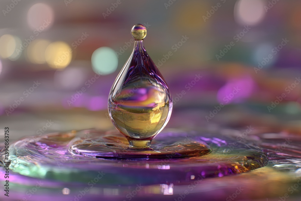 Poster a captivating macro image of a water drop collision with vibrant colors and bokeh, creating a beauti