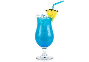 A blue cocktail with ice and a pineapple slice on a white background.