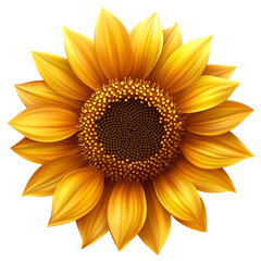 A sunflower on a transparent background, vibrant yellow petals, detailed brown center.