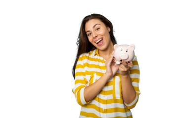Young woman smiling and holding piggy bank, promoting saving money, on a transparent background