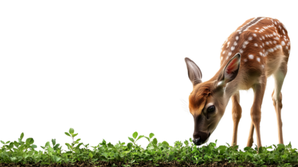 A young fawn with distinctive spots grazes contentedly on lush green grass.