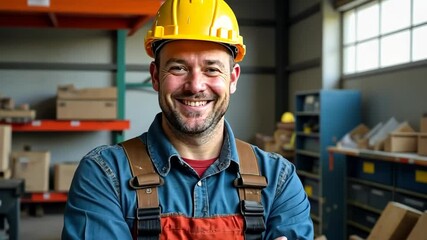 Portrait of a male worker in a yellow safety helmet standing on a construction site or at a workplace in industry, in a manufacturing workshop, carpentry shop. Male carpenter, fitter