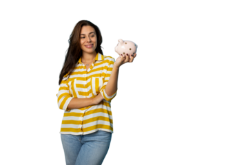 Smiling woman showing piggy bank, promoting saving money, on a transparent background