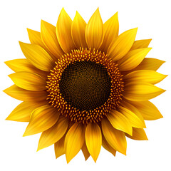A sunflower on a transparent background, vibrant yellow petals, detailed brown center.