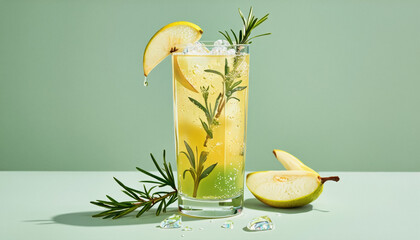 Vivid design food and beverage advertisement: A refreshing pear and rosemary cocktail with ice cubes sits in a tall glass against a muted green background, garnished with a slice of pear and sprigs 