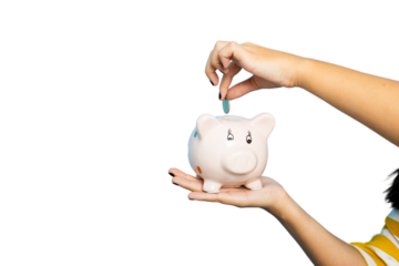 Woman inserting a coin into a piggy bank, symbolizing saving and financial responsibility, on a transparent background