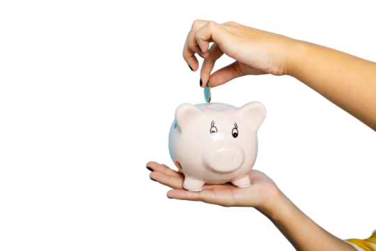 Woman inserting coin in piggy bank promoting saving and financial responsibility, on transparent background