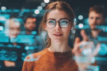 Young woman with glasses interacting with futuristic digital interface, surrounded by a team in a modern, technologically advanced working environment