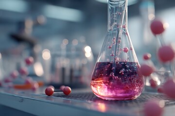 A vibrant pink liquid in a flask, with bubbles, surrounded by molecular models in a lab, signifies a scientific experiment in the pursuit of innovation.