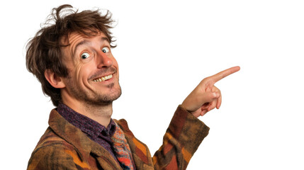 Enthusiastic man with quirky expression points to something, suggesting an announcement or sharing a finding with a big smile.