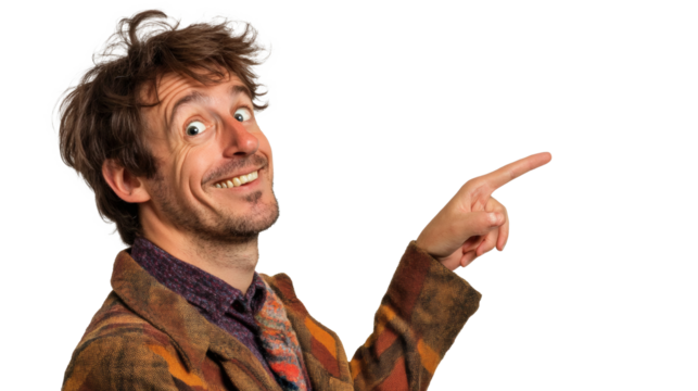 Enthusiastic man with quirky expression points to something, suggesting an announcement or sharing a finding with a big smile.