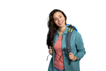 Female traveler grinning, wearing backpack, standing against transparent background, embodying wanderlust spirit