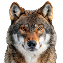 Obraz premium Captivating wolf face isolated on transparent background, featuring detailed fur and striking golden eyes Generative AI