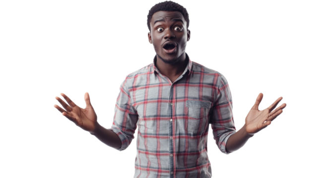 Expressive man shows shock, face of disbelief and surprise, eyes wide and open mouth, standing with hands in the air - Powered by Adobe