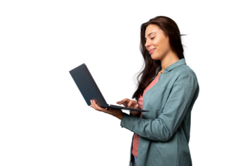 Young woman smiling and using laptop, working remotely with transparent background