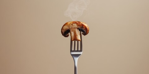Fork elegantly holds a grilled mushroom with steam rising, showcasing culinary art