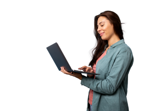 Young woman smiling and using laptop, working remotely with transparent background
