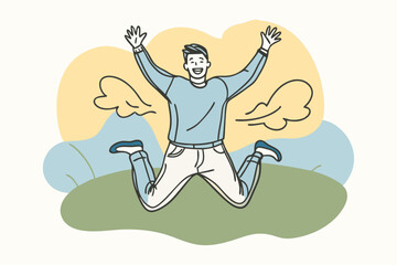 Naklejka premium one line drawing of Happy man jumping for joy in the air, vector 