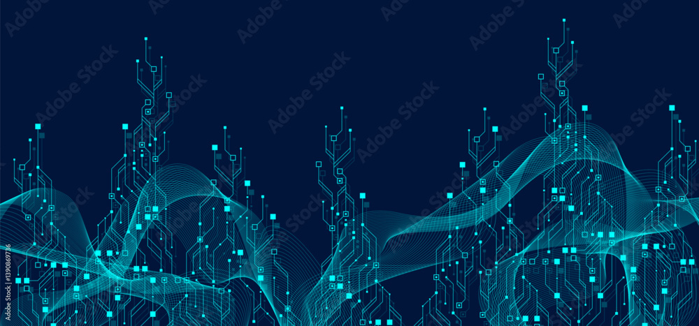 Fototapete Artificial Intelligence or machine learning vector design. Quantum computer technology concept with circuit board and motherboard texture background design. Waves flow quantum explosion