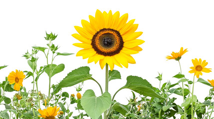 Fototapeta premium Sunflower standing tall in a garden with its large petals reaching toward the sky isolated on a transparent background