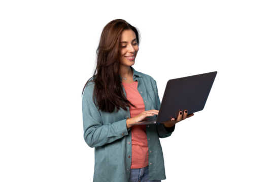 Happy female professional working on laptop, white background