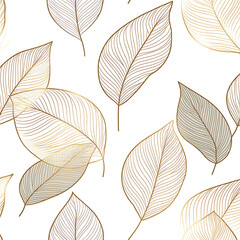 Obraz premium White background, gold lines, light white and dark beige style pattern with a simple leaf line drawing.