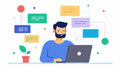 Coding in Progress A developer focused on a laptop screen with code snippets visible while colorful diagrams and flowcharts about a mental health app are pinned on the wall behind