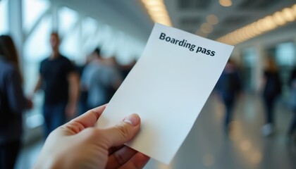 Hand holding blank boarding pass in busy airport terminal  