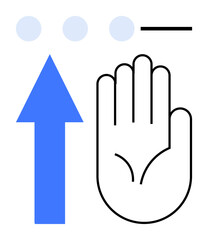 Open hand as stop gesture alongside blue upward arrow and dots. Ideal for caution, warning, prevention, progress, focus, navigation, decision-making. Simple flat metaphor