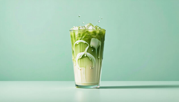Vivid design food and beverage advertisement: A glass of iced matcha latte with a splash of milk sits on a light green surface against a matching backdrop, creating a refreshing and visually appeali