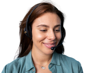 Friendly female call center agent wearing headset providing customer support