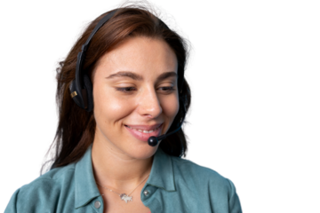 Friendly female call center agent wearing headset providing customer support