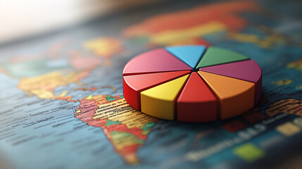 3D pie chart overlaid on a world map, symbolizing global demographic data distribution, modern analytics, and international population insights through a tech-forward visual style.

