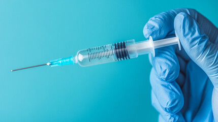 Medical syringe held by gloved hand against a blue background.