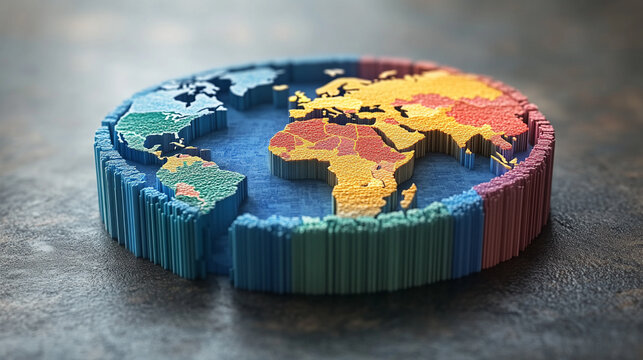 3D pie chart overlaid on a world map, symbolizing global demographic data distribution, modern analytics, and international population insights through a tech-forward visual style.

