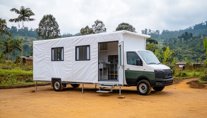 Mobile office van in a natural setting with open side and windows.