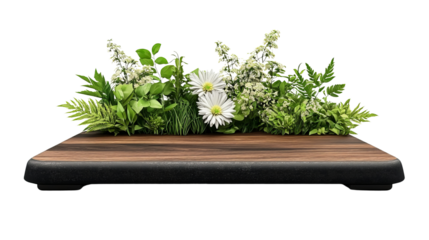 A vibrant arrangement of green plants and white flowers atop a wooden platform, creating a fresh and natural ambiance.