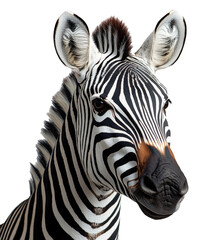 Naklejka premium Zebra face shot with distinct black and white stripes on a plain white background Generative AI